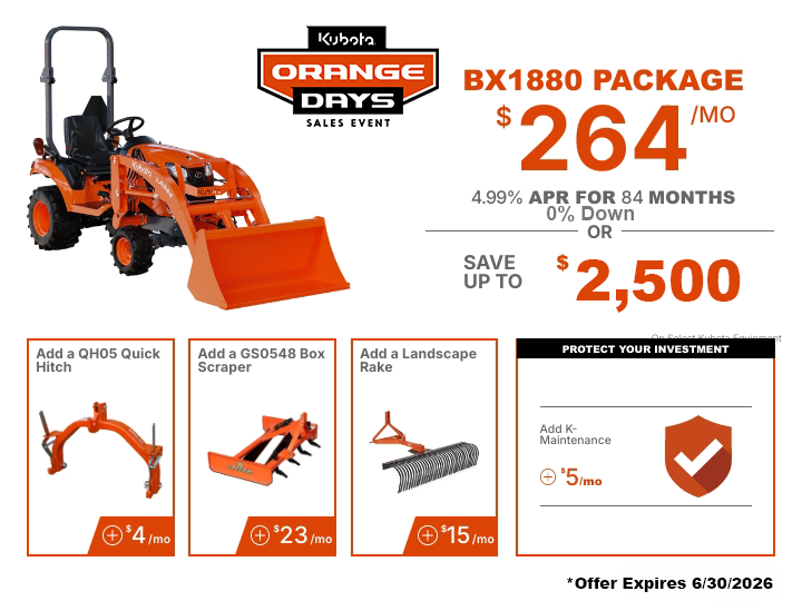 BX1880 4.99% APR with 0% Down - Grand Kubota